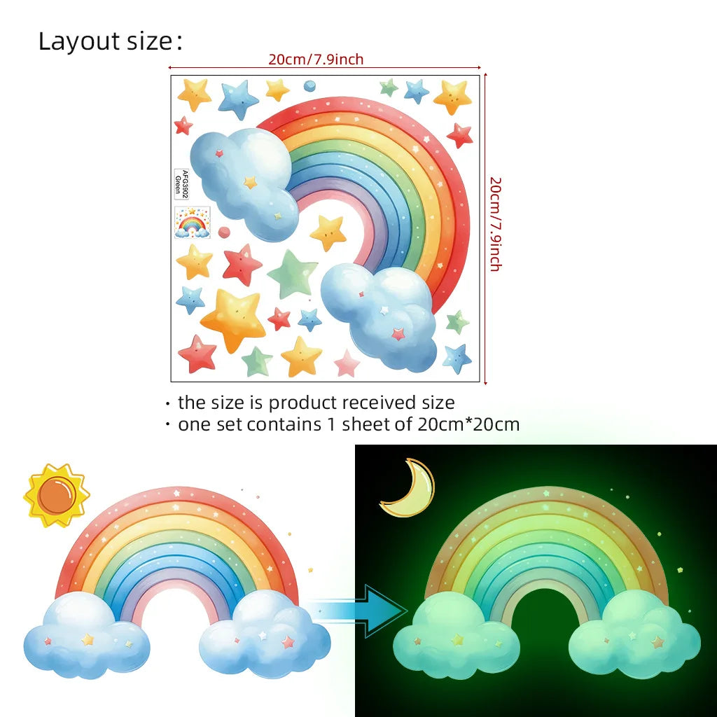 sticker mural lumineux arc ciel nuages étoiles enfants dessin animé adhésif chambre bébé décoration