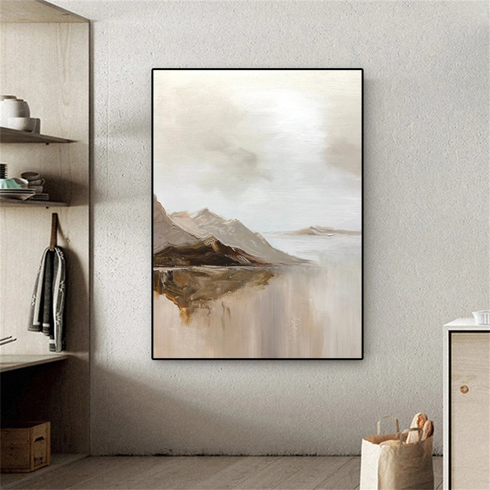 affiche abstraite paysage montagneux toile contemporaine beige marron salon chambre decoration mur vertical imprimeensoie
