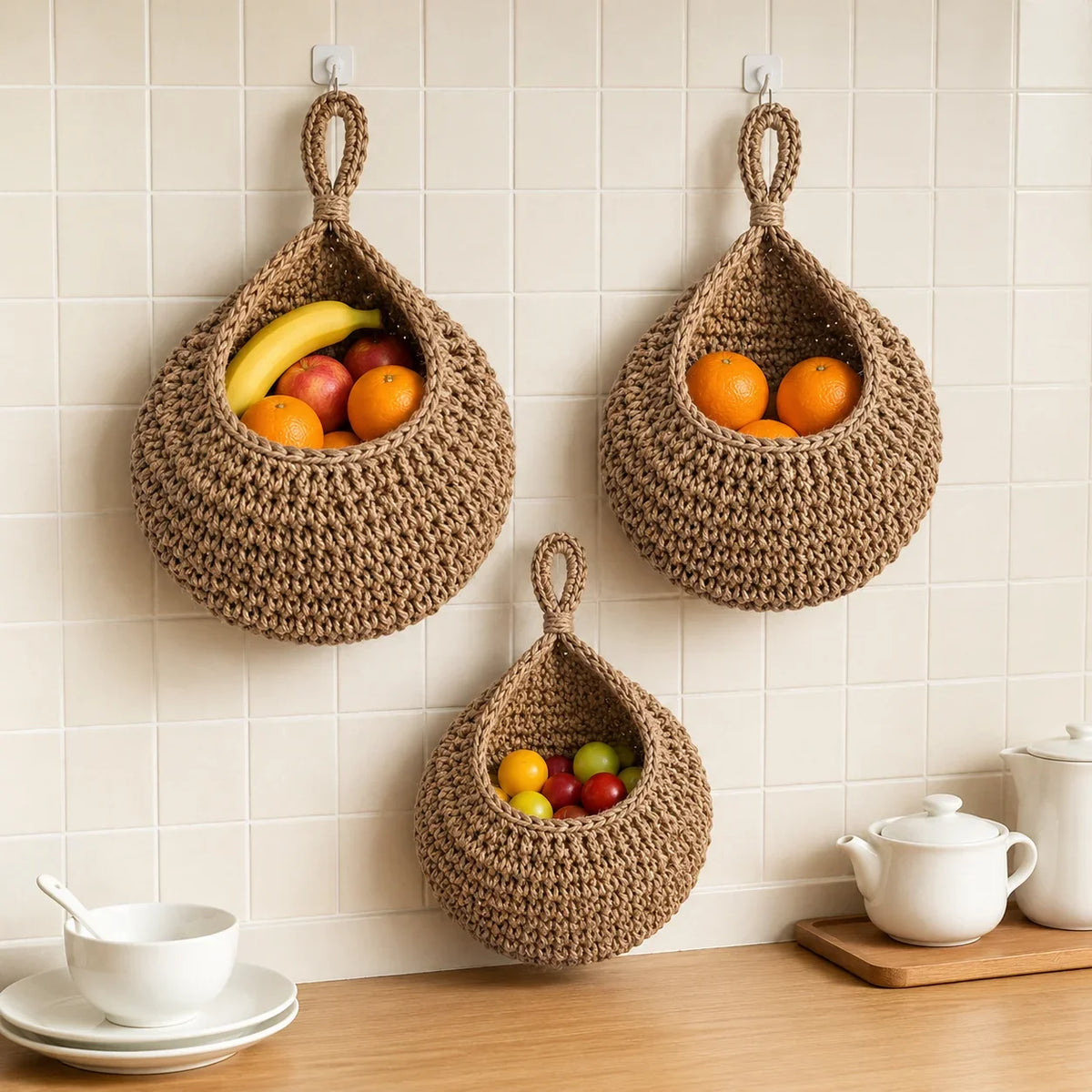 panier suspendu tressé marron rustique fruits légumes cuisine murs rangement multifonctionnel