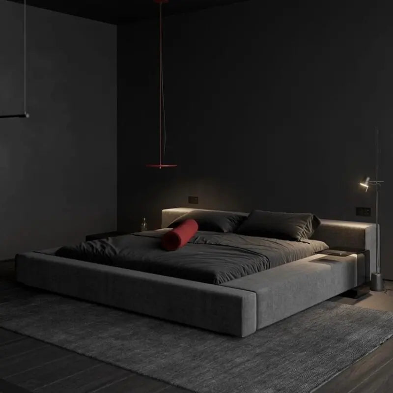 lit matelas double moderne minimaliste gris noir velours tissu uni chambre coucher master bedroom