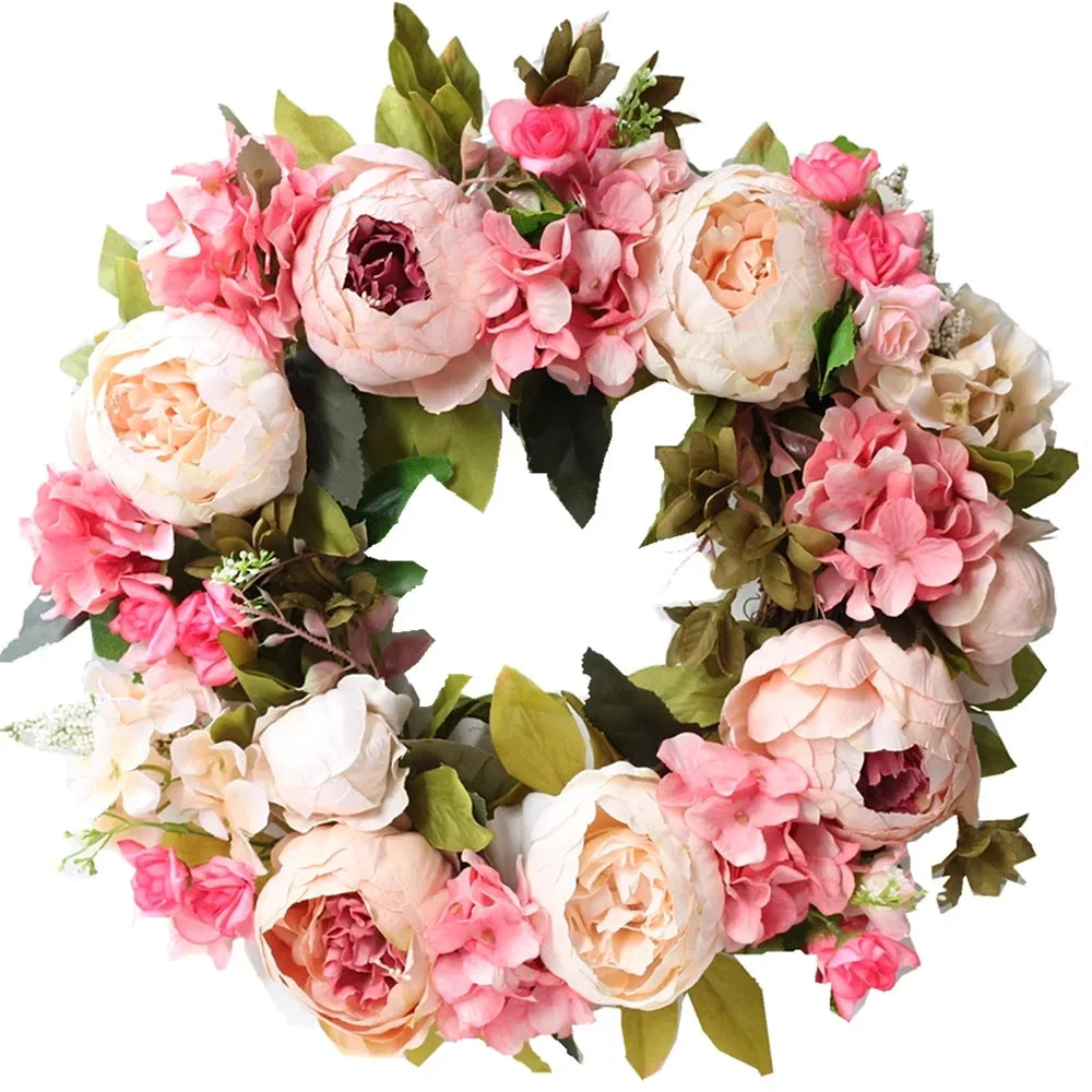 couronne florale artificielle pivoines roses blanches vertes romantique vintage intérieur anniversaire décoration maison