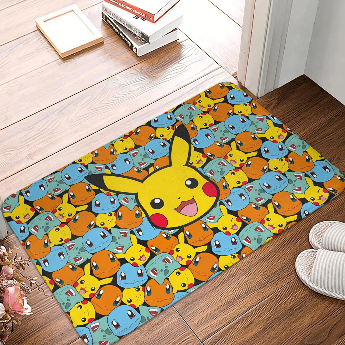 tapis d'entrée pikachu welcome flanelle jaune noir blanc moderne cartoon adhésif