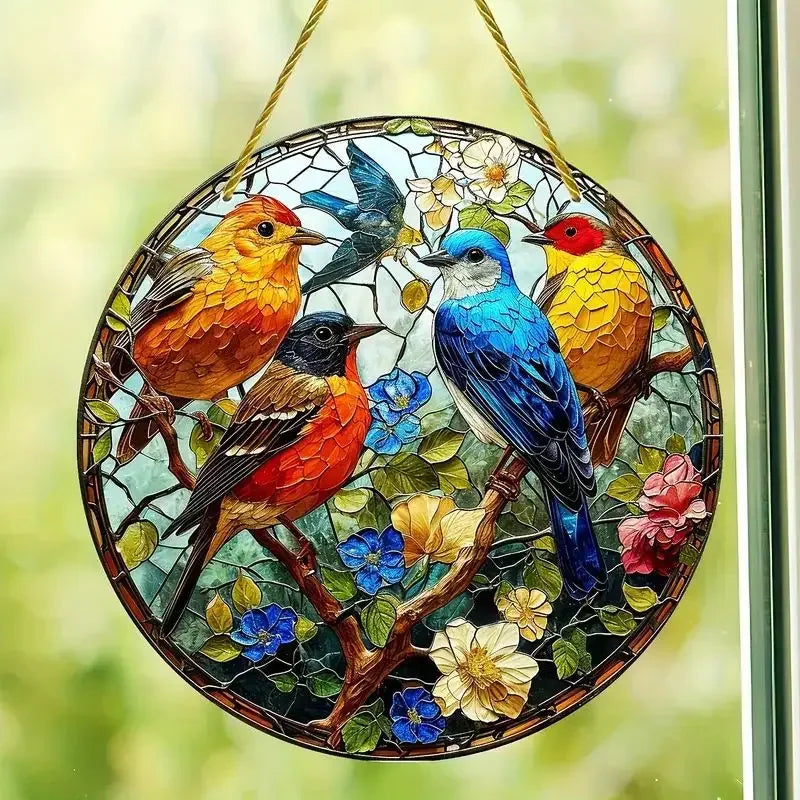décoration extérieure oiseau verre soufflé art deco multicolore cordelette fleurs transparent