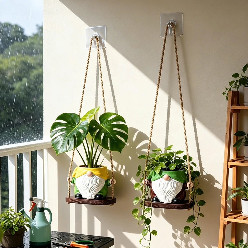 pots fleurs suspendus gnomes résine décorative plantes succulentes vert jaune fantaisiste mur balcon patio