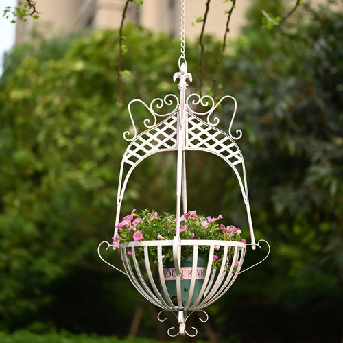 panier suspendu métal vintage vert blanc ornamental suspension plantes fleuries