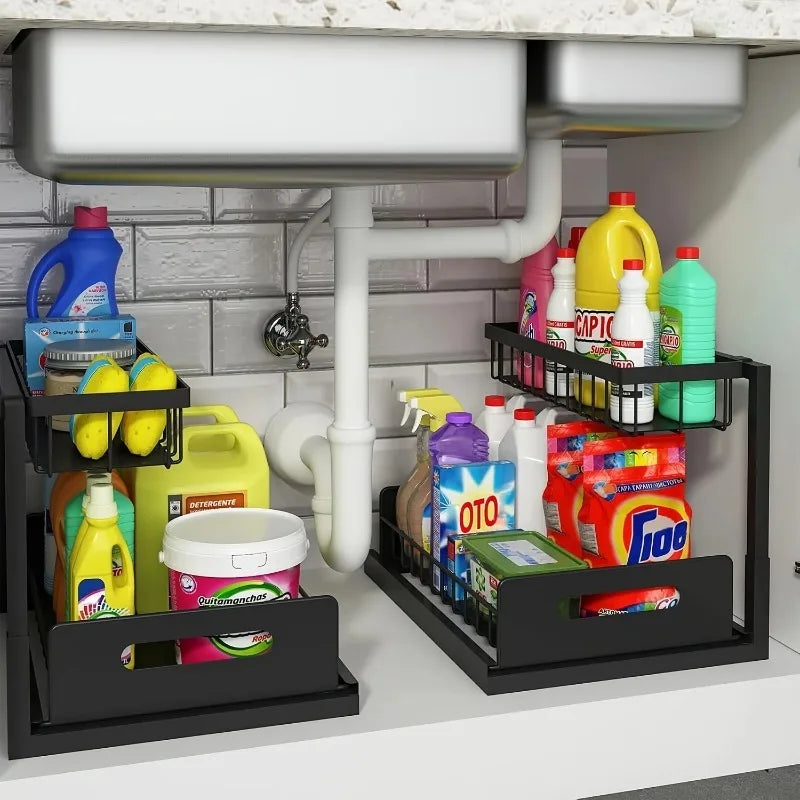 organisateur rangement sous évier noir moderne fixations boîtes bouteilles lingettes