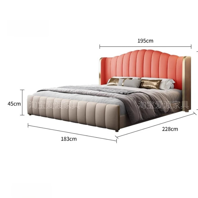lit double moderne beige cuir texture lignes verticales tiroirs latéraux chambre bois épuré