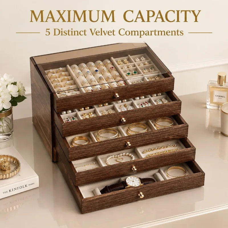 boîte bijoux bois marron classique tiroirs poignées dorées compartiments organisation élégante rangement transparent couvercle