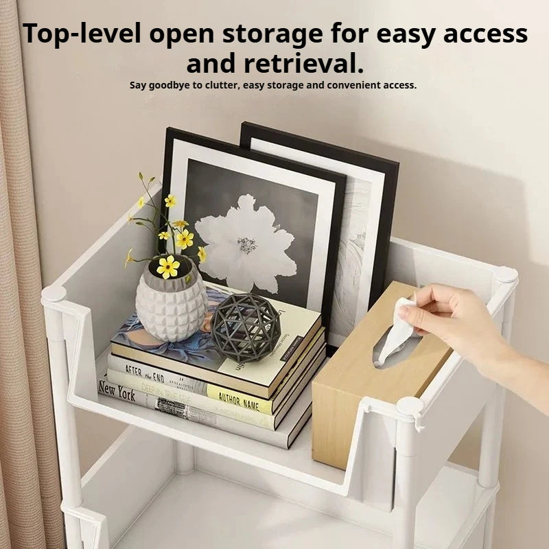 rack rangement multifonctionnel 360° rotatif blanc moderne crochets latéraux roulettes universelles respectueux l'environnement