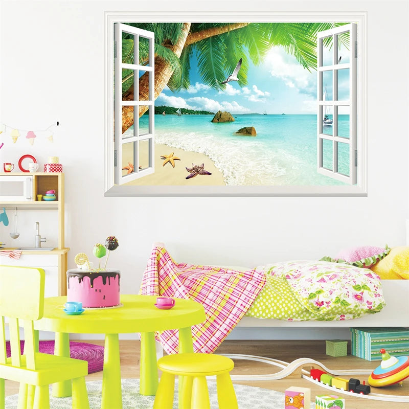 Autocollant mural vue mer couleur lac bleu