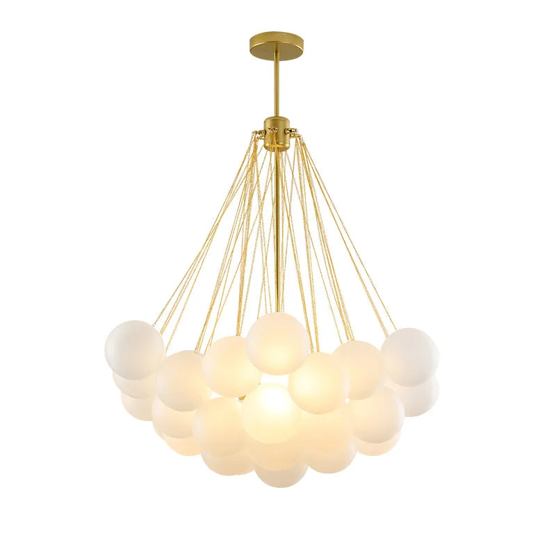 Suspension lumineuse moderne boules sphériques opaques chaînes métalliques blanc salon chambre
