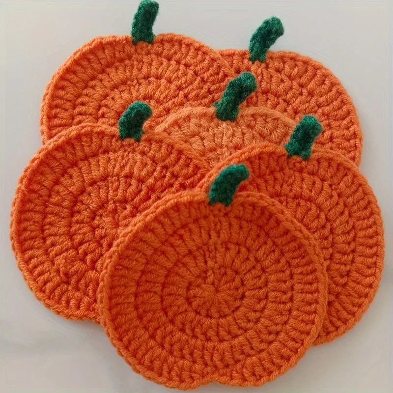 coasters crochetés forme citrouille orange automne décoration table main d'œuvre tissage artisanal