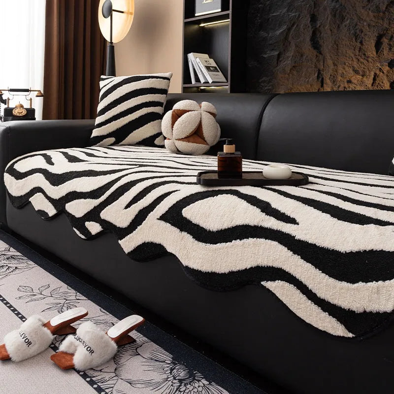 housse canapé molleton jacquard rayures horizontales noir blanc moderne salon intérieur