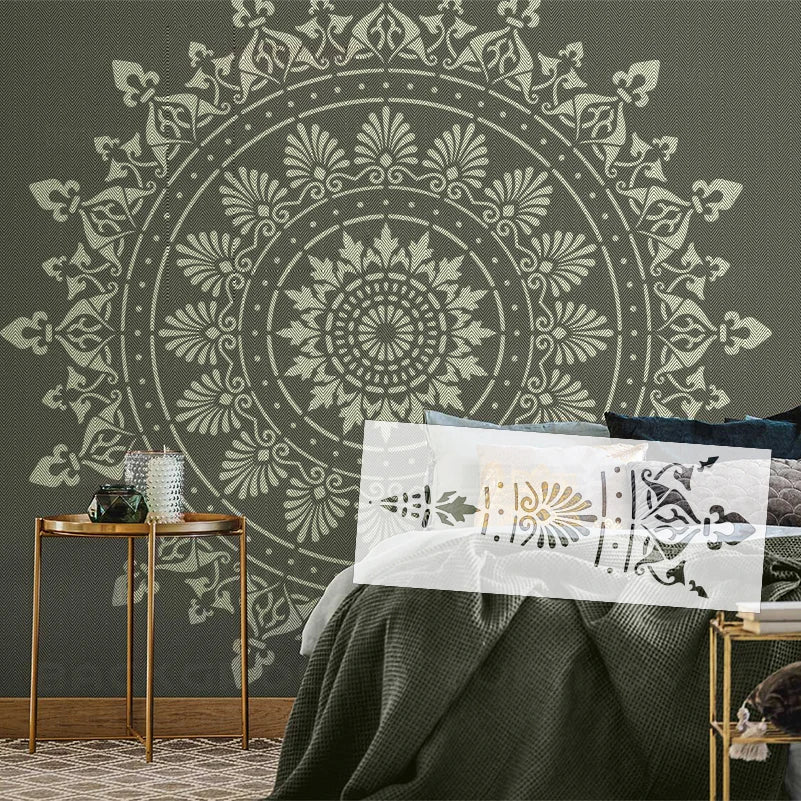 Stencil mural mandala fleurs gris blanc artisanal décoration adhésif papier autocollant large chambre salon