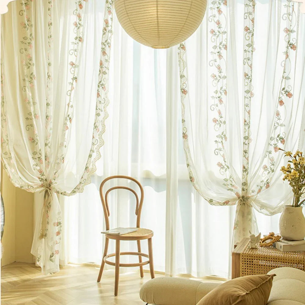 rideau floral transparent rose brodé classique romantique maison chambre filles