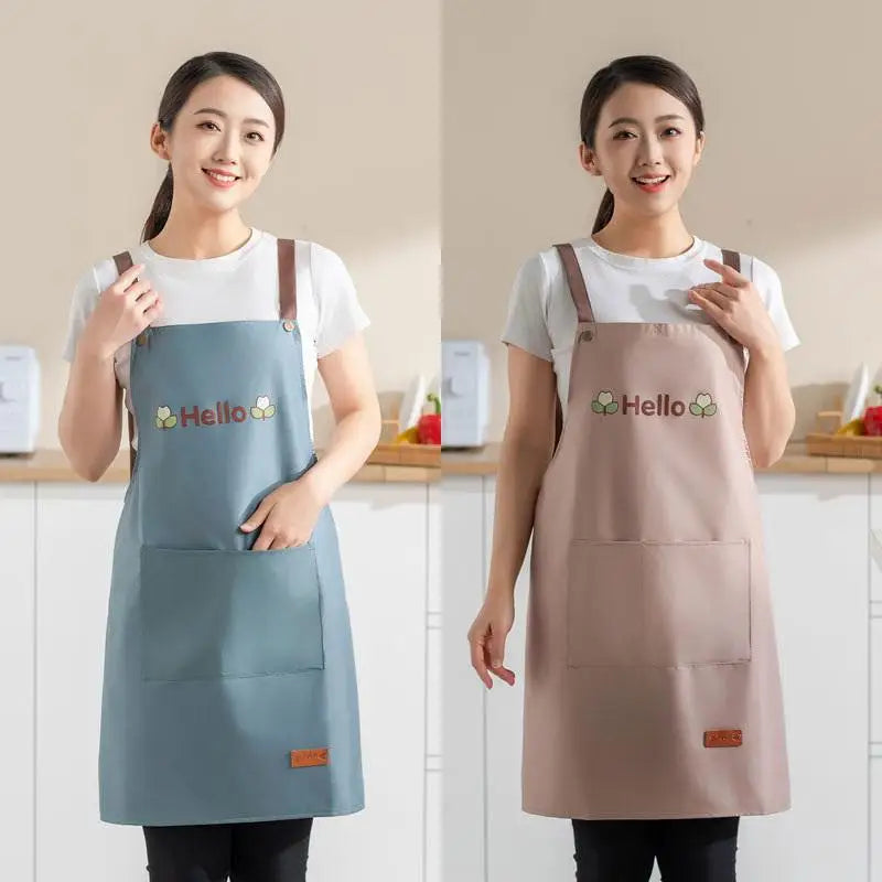 tablier cuisine imperméable brodé hello moderne noir beige bleu clair vert foncé poches épaulettes
