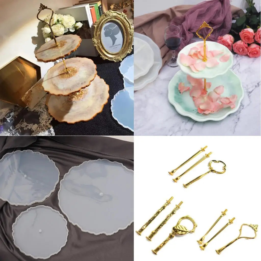 support gâteaux trois niveaux blanc or texture marbrée motifs floraux vis dorées rondelles blanches