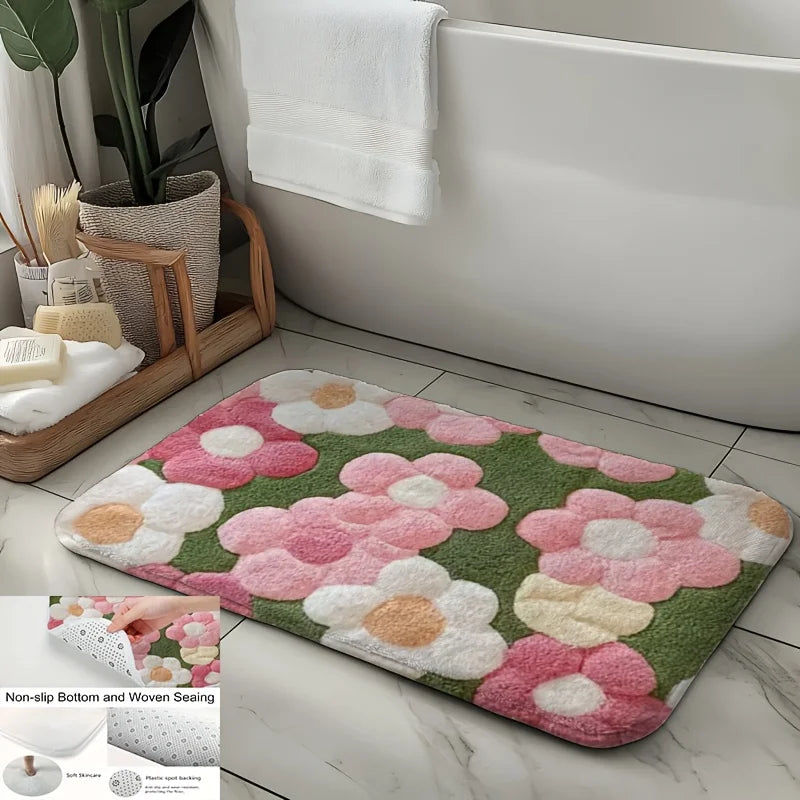 tapis bain doux fleurs imprimées anti dérapant moderne vert rose blanc