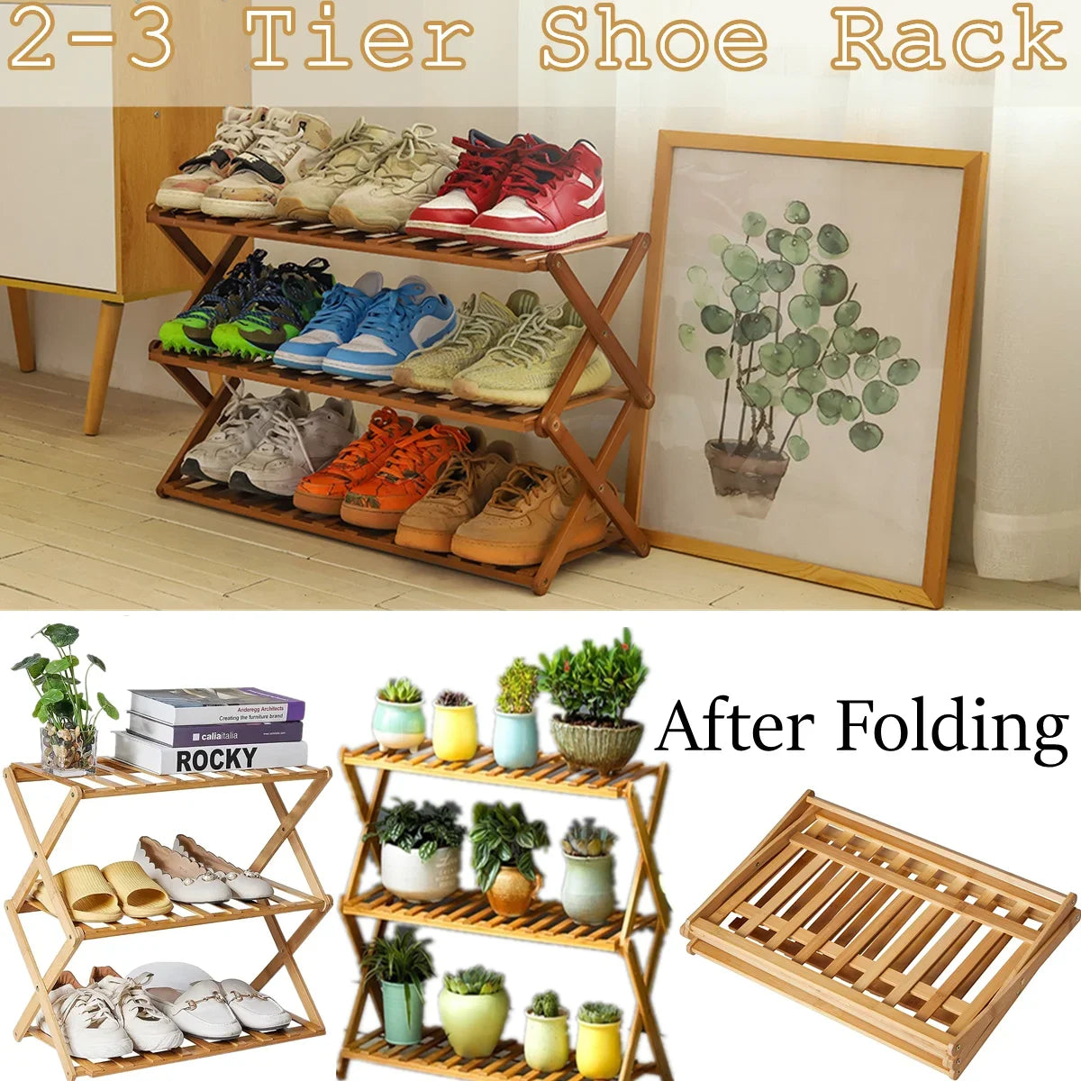 étagère pliable chaussures bois naturel niveaux moderne clips rangement plantes minimaliste