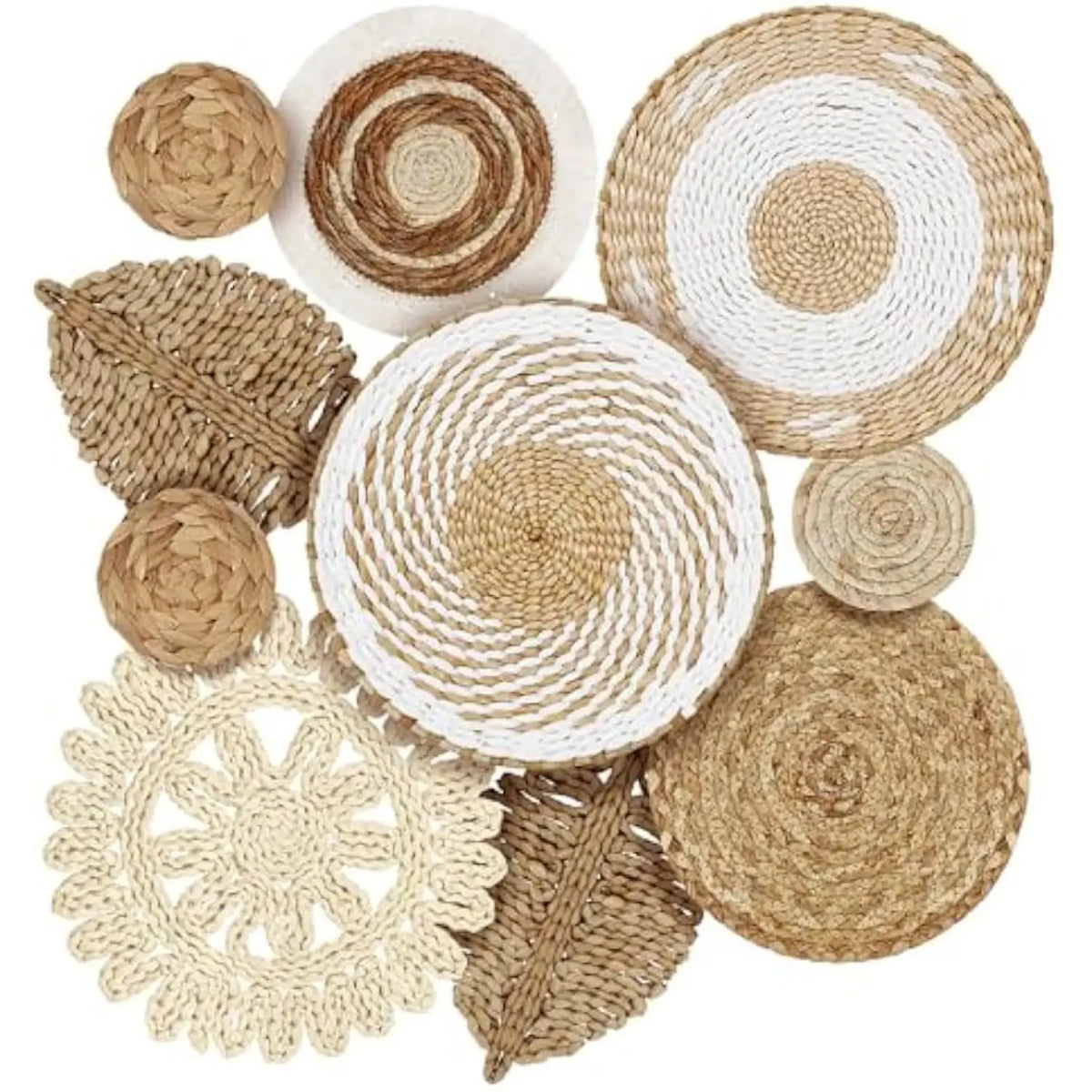 assiettes decoratives boho artisanal tissage main motifs geometriques franges naturel beige