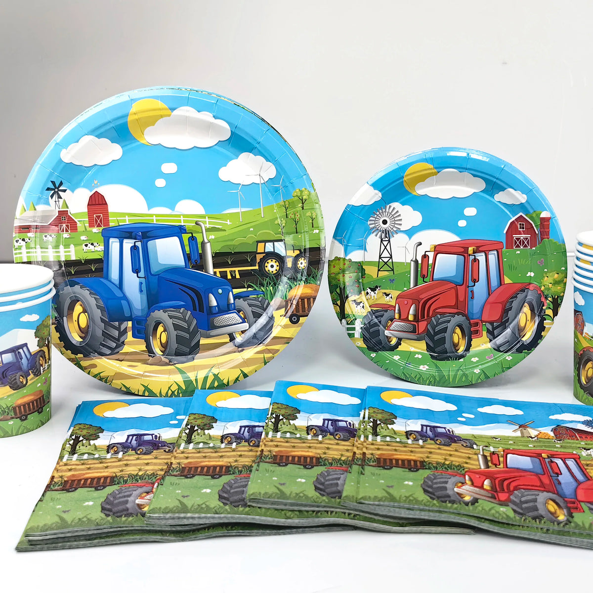 ensemble décoration anniversaire enfant thème ferme tracteur assiettes gobelets serviettes ballons nappe guirlande