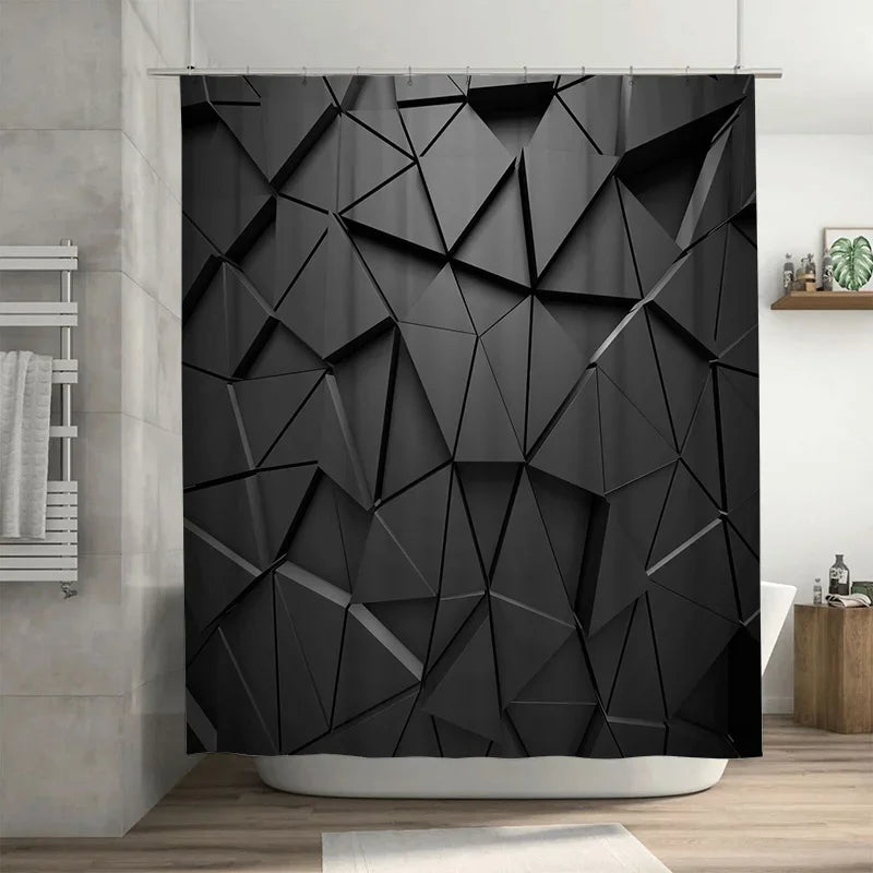 rideau douche géométrique moderne motif polygone noir gris abstrait opaque contemporain tringle métal