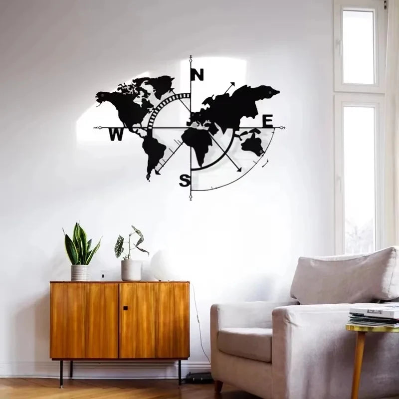 décoration murale carte monde compas métal noir cartographique moderne adhésif