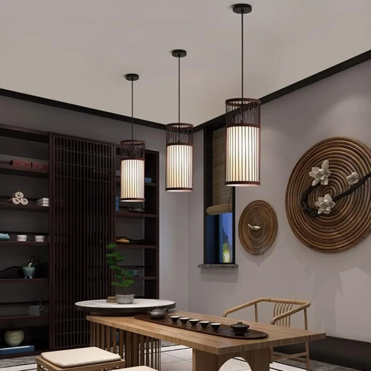 suspension lumineuse bambou rayures horizontales moderne oriental marron clair beige