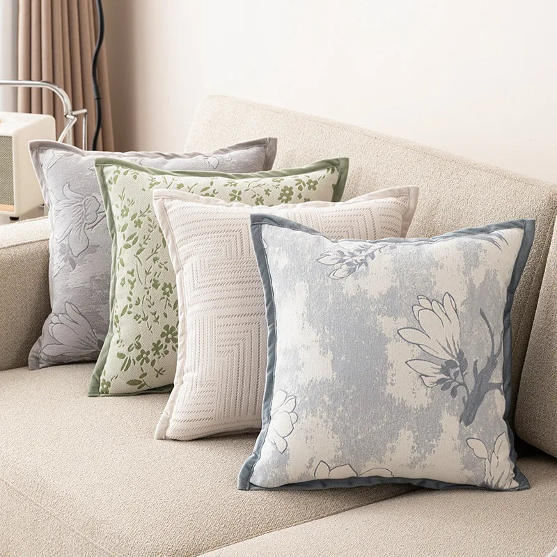 housse coussin carrée jacquard motif floral vert beige gris décoration salon chambre moderne chic