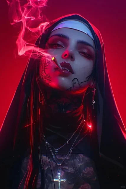 tableau toile tattoo nonne croix halo lumineux contemporain or noir rouge gris İslamistique erotique