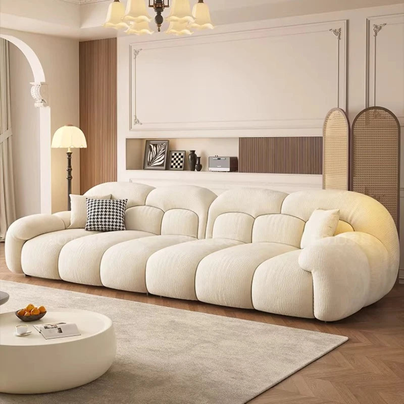 canapé moderne beige corduroy coussins décoratifs bois minimaliste salon maison