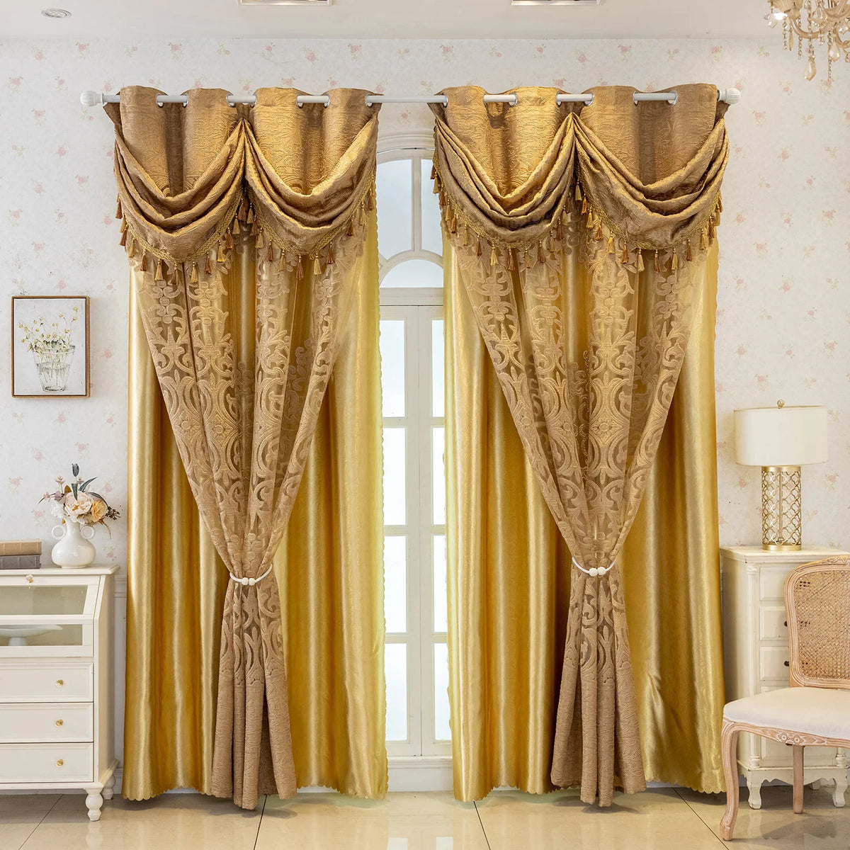 rideaux or floraux polyester semi transparent élégants franges salon chambre
