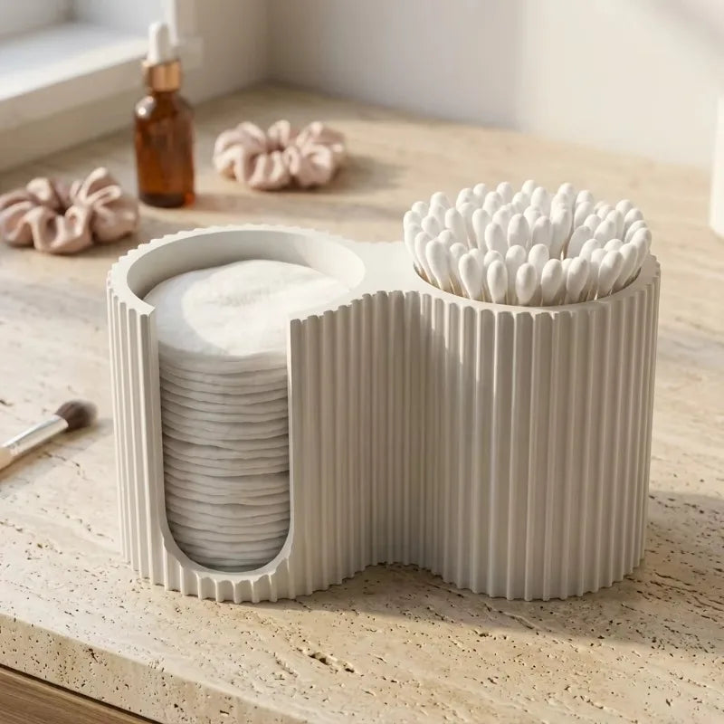 boîte rangement cotons tiges disques maquillage beige clair rayures verticales moderne minimaliste salon chambre