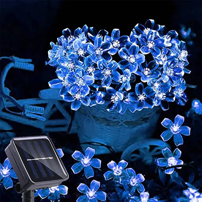 guirlande lumineuse solaire bleu clair fleurs modernes 20m 200leds jardin