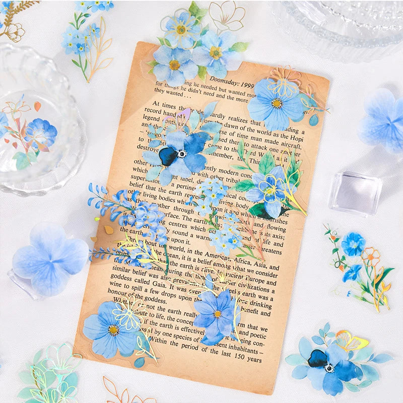sticker floral adhésif bleu vert doré fleurs feuilles décoration carnet artisanal 40pcs