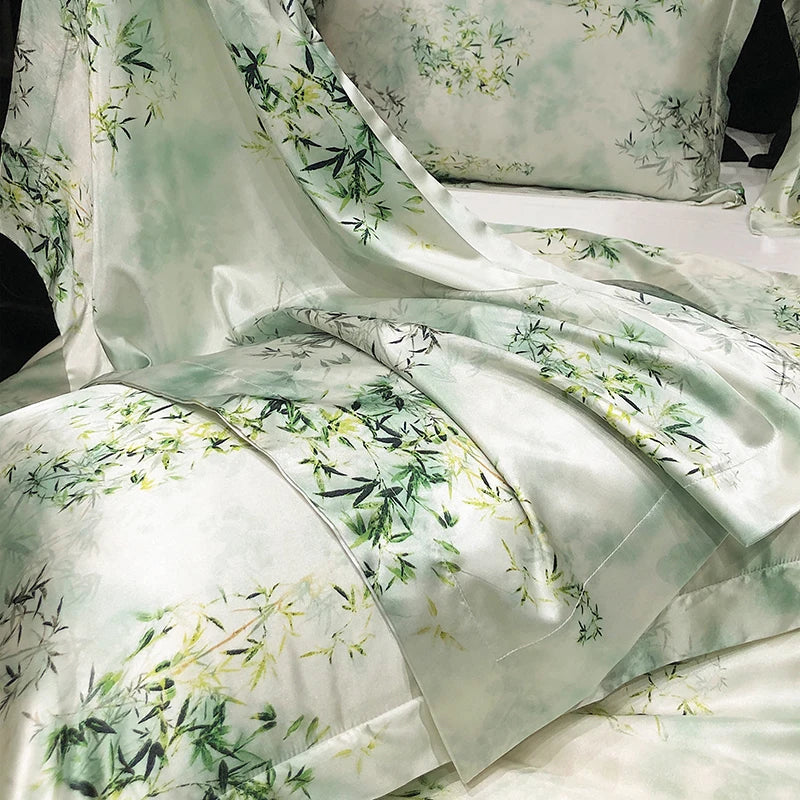 drap lit vert clair blanc motif feuilles bambou coton doux coton naturel