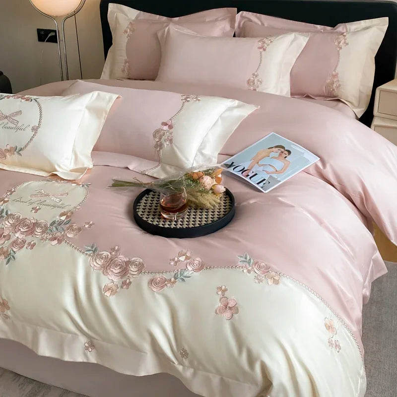 ensemble literie rose clair broderies florales 100 coton satiné élégant full queen king
