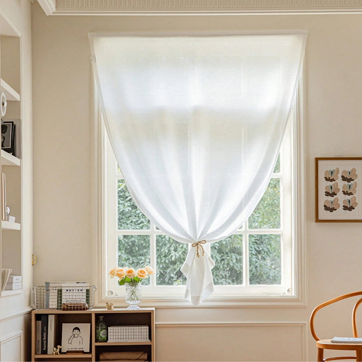 rideau blanc translucide classique toile lin fenêtre plate polyester ruban fixations 100x200cm
