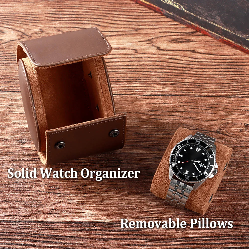 boîte montres vintage simili cuir marron bleu clips métalliques coussins amovibles slots