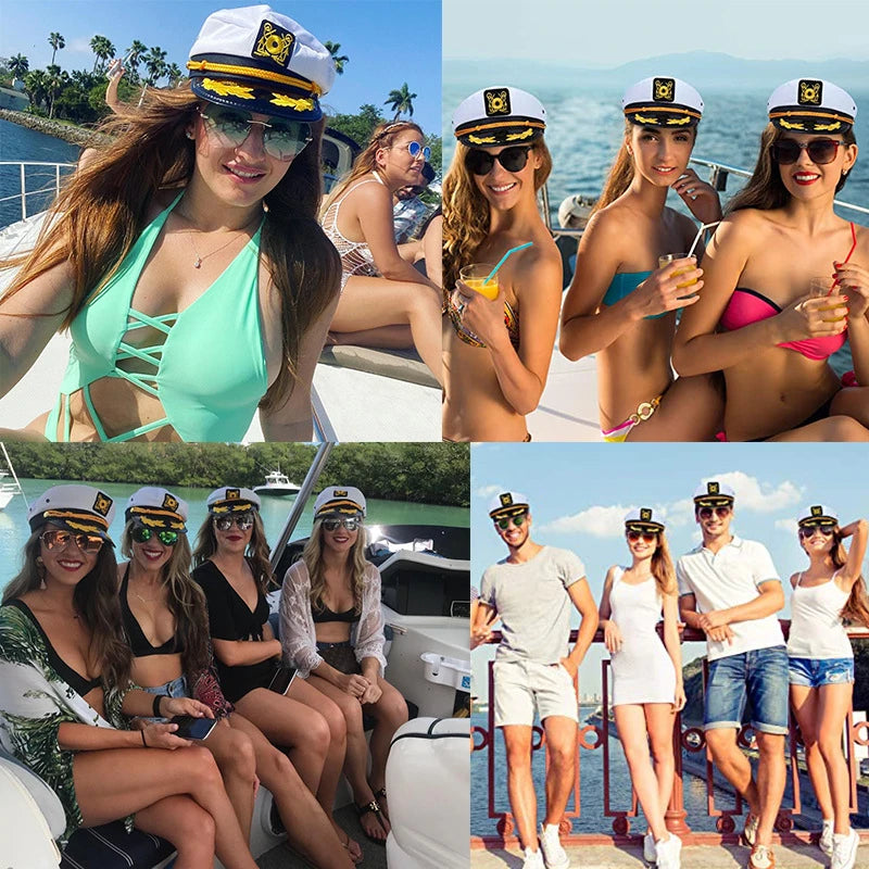 chapeau marin brodé ancre captain feuilles dorées ajustable noir blanc anniversaire mariage fête
