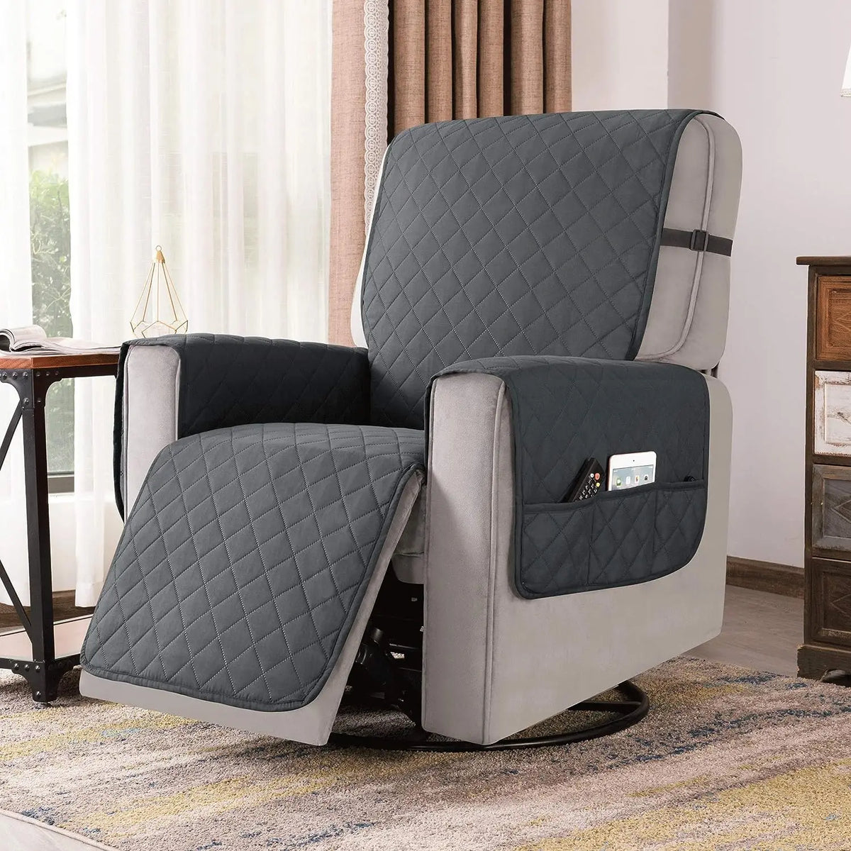 couvre siège fauteuil inclinable polyestère quilted gris moderne sécurité poche rangement machine