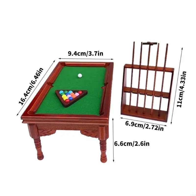 billard miniature bois classique tapis vert billes queue support accessoires maison poupées 12