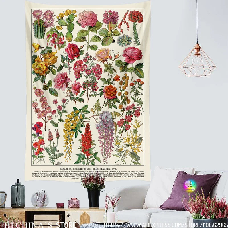tapisserie murale botanique fleurs colorées vintage illustration plante décorative chambre salon polyester