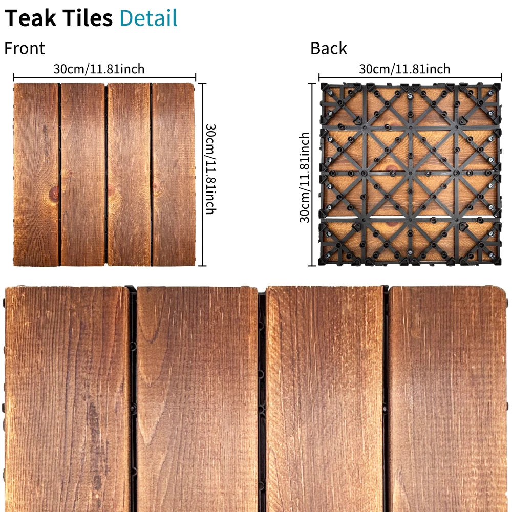 dalles sol extérieures modulaires bois rustique marron foncé texture naturelle connecteurs intégrés 30cm 30cm