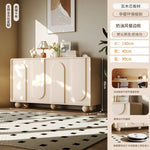meuble rangement moderne bois motifs géométriques beige clair pieds ronds