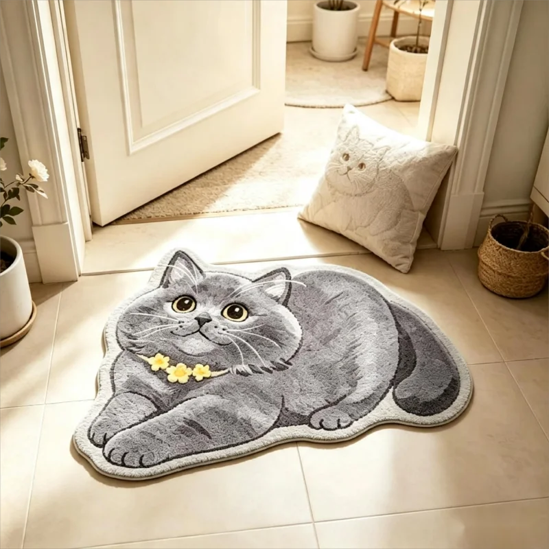 tapis décoratif moelleux forme chat allongé noir blanc gris beige salon chambre entrée maison