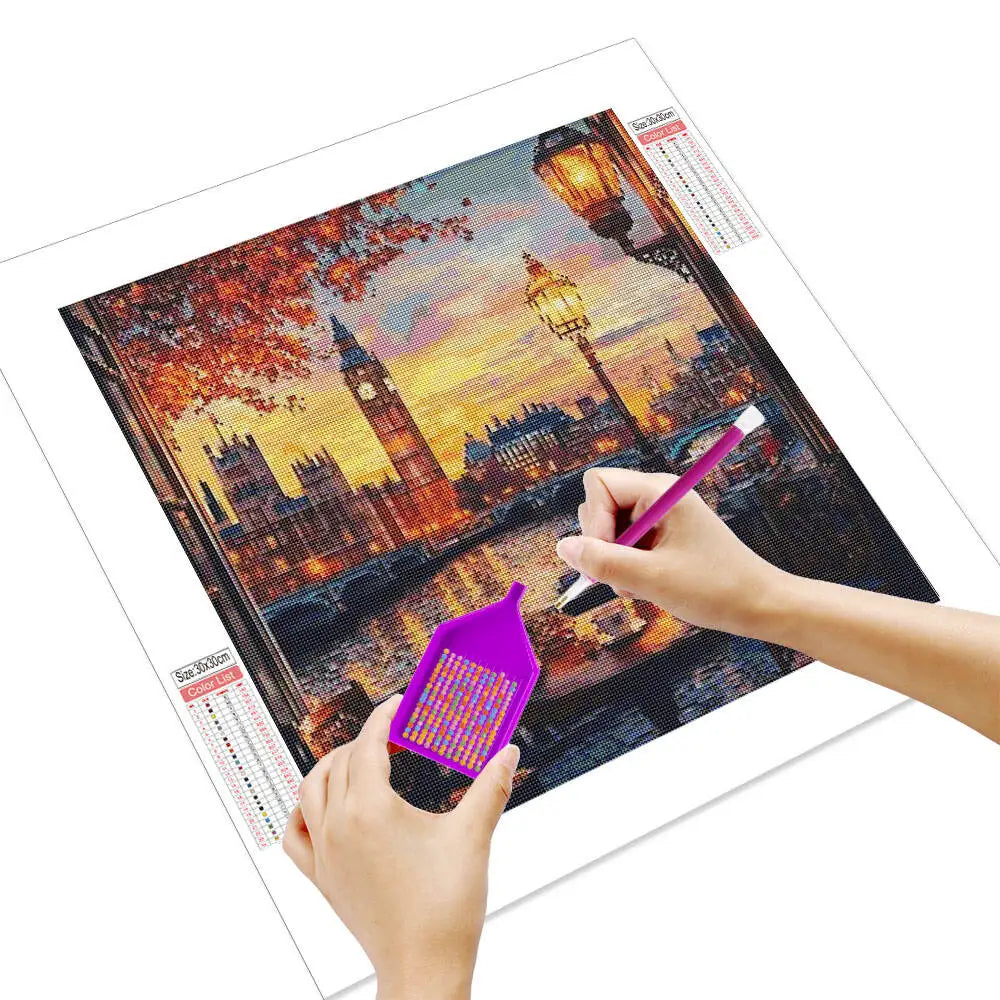 tableau diamant paysage urbain multicolore big ben voitures arbres peinture résine moderne artiste 25x25cm