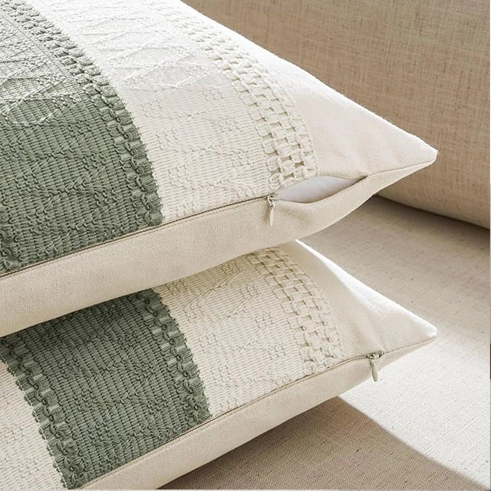 taies d'oreiller polyester vert clair rustique rayures horizontales non toxique respectueux environnement maison hospitalière