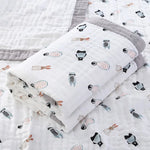 couverture bébé coton imprimé animaux lézard dino lapin blanc bleu gris orange