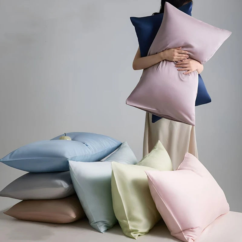 lot deux taies d'oreiller lyocell eucalyptus bleu clair unies lit chambre moderne